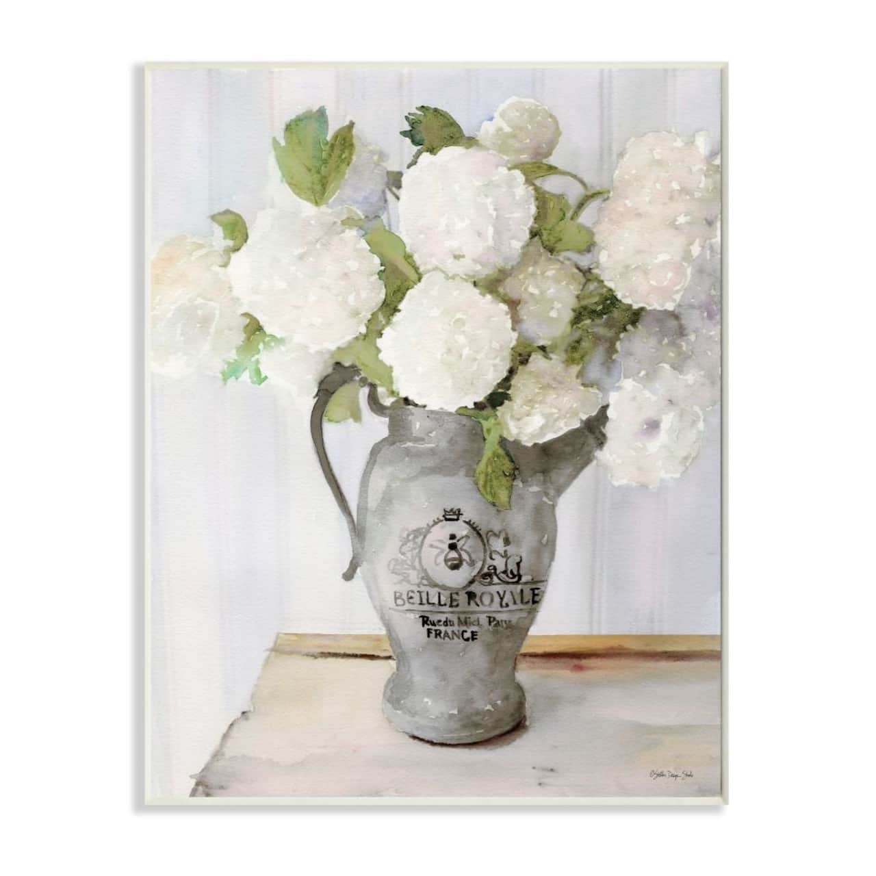 Stupell Industries White Hydrangeas in Pitcher Wooden Wall Plaque